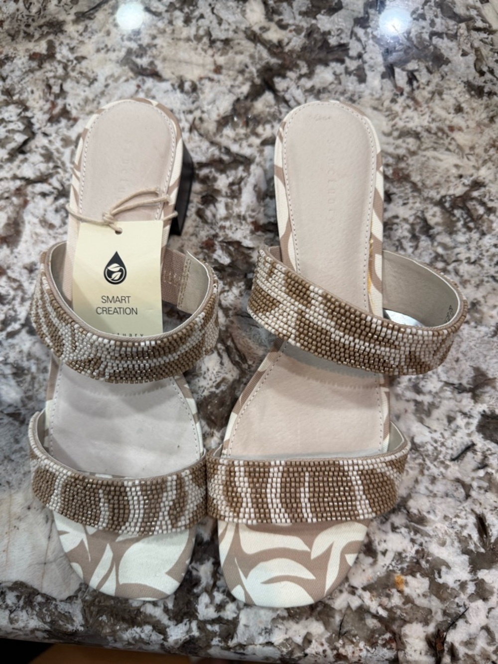 Sanctuary Beige and White Beaded Double-Strap Slide Sandals